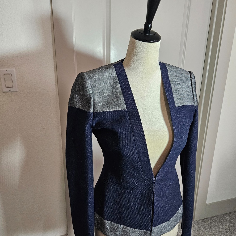 $268 NWT BCBGMaxazria Suit Blazer Jacket Women XXS Cotton Linen Navy Gray‎ NEW - Picture 2 of 16